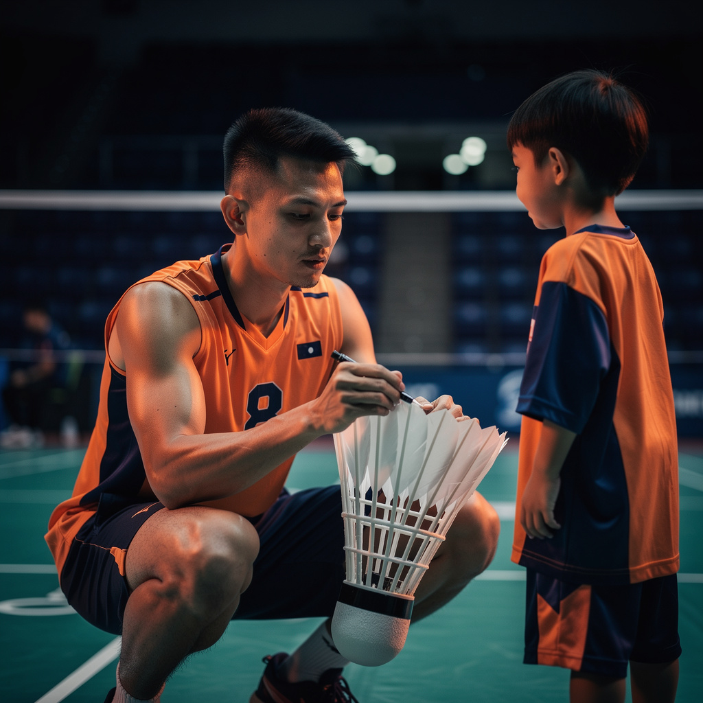 Signing a shuttlecock for a young fan